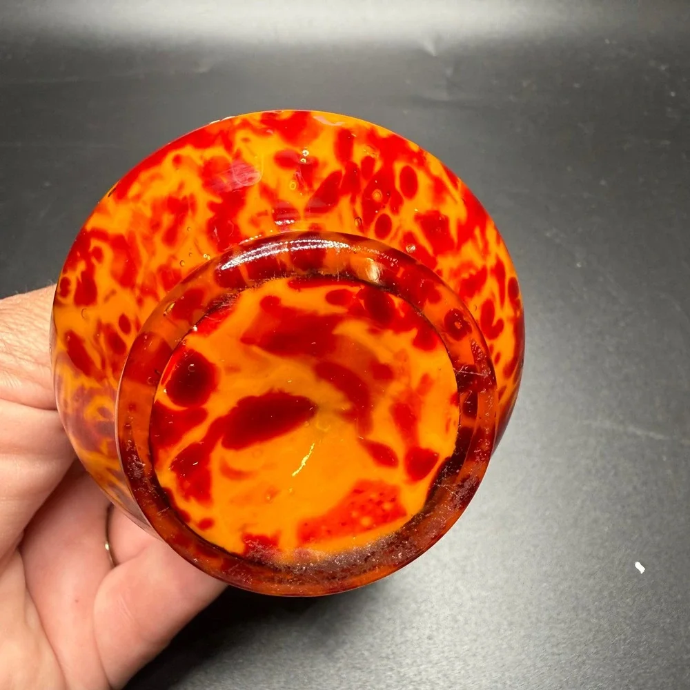 Vintage Hand Blown Art Glass Vase Orange Red Enamel Floral Hand Painted 5.5 inch